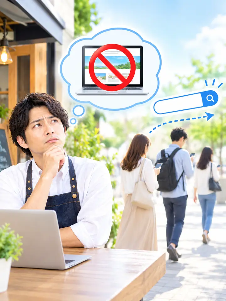 お店の前を、スマホを見ながら通り過ぎていくお客様